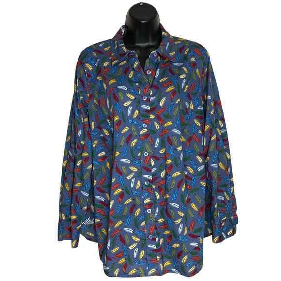 Talbots Top Womens 1X Button Up Roll Tab Sleeve Shirt Feather Artsy Western Boho - Picture 2 of 11